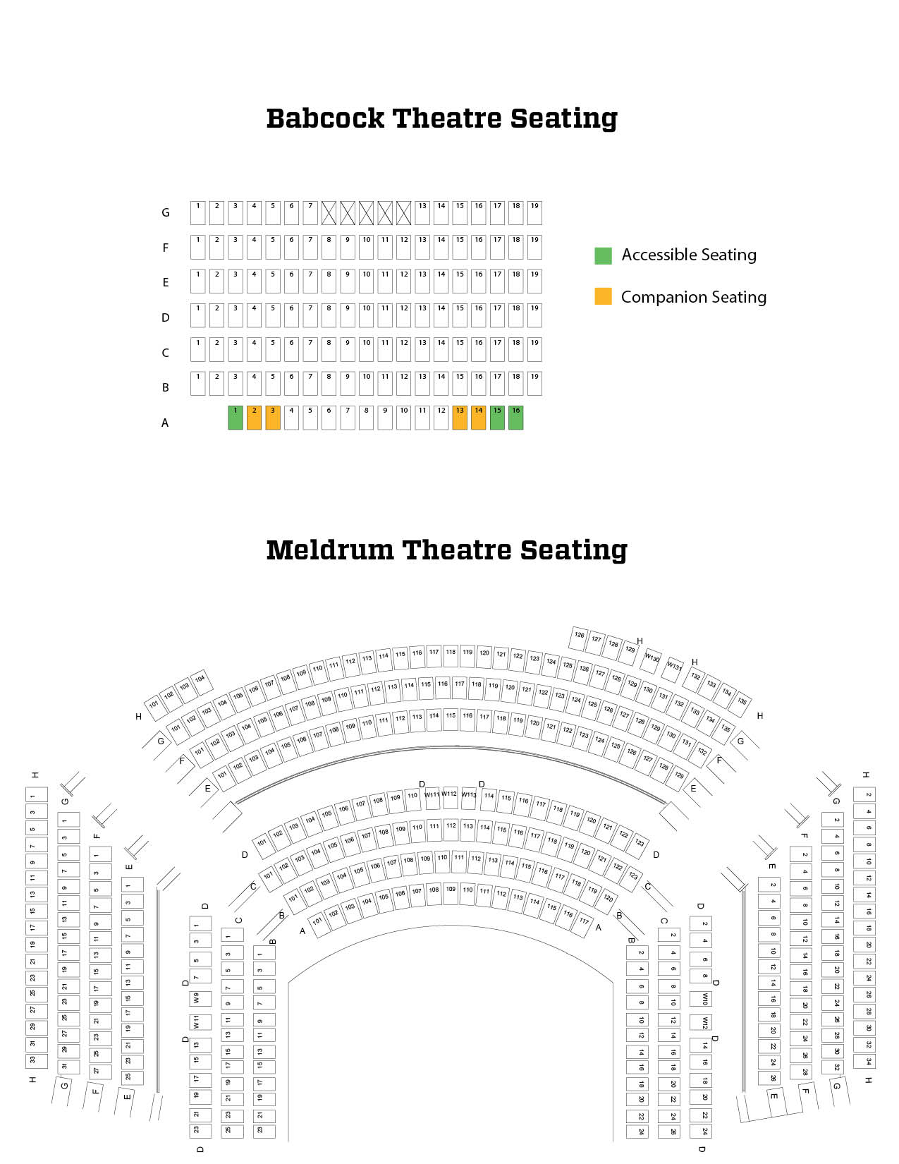 Map of seating in the Babcock Theatre and Meldrum Theatre