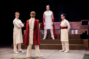 Left to right: Mary-Helen Pitman as Mark Antony, Lindsie Kongsore as Marcus Brutus, Selah McKenna as Julius Caesar, and Isabela Crews as Caius Cassius.|
