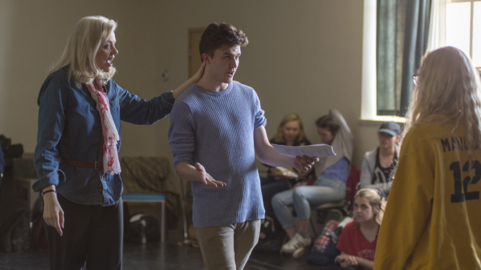 Freshman Mason Duncan (left) and Caroline Hanks (right), theater majors with an emphasis in musical theater, participate in Margo Andrew&#039;s musical theater training program, voice and text class, working on a poetry reading exercise in the Fine Arts West Building on campus in Salt Lake City, Utah on Thursday, March 29, 2018.(Photo by Kiffer Creveling | The Daily Utah Chronicle)