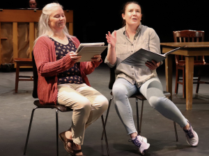 Jen Kroff (Ma) and Erin Farrell Speer (Sis) in Andra Harbold’s directed stage reading of “Last Lists.” Photo by Aly Carter.
